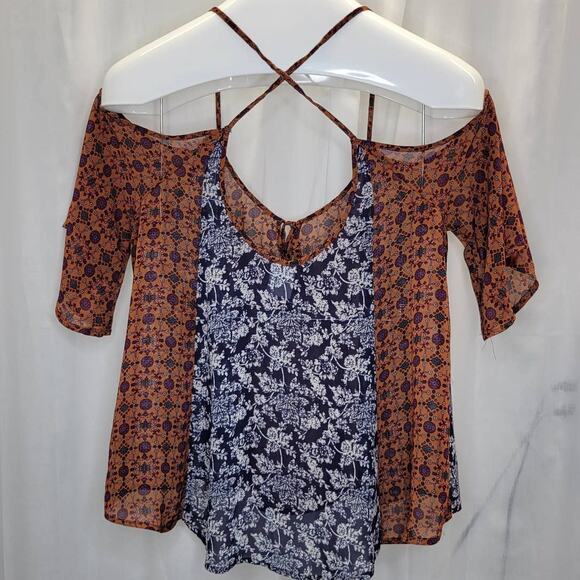 Intu Sheer Patchwork Floral Blouse w. Cris Cross Straps and Drop Sleeves, M - Picture 2 of 7